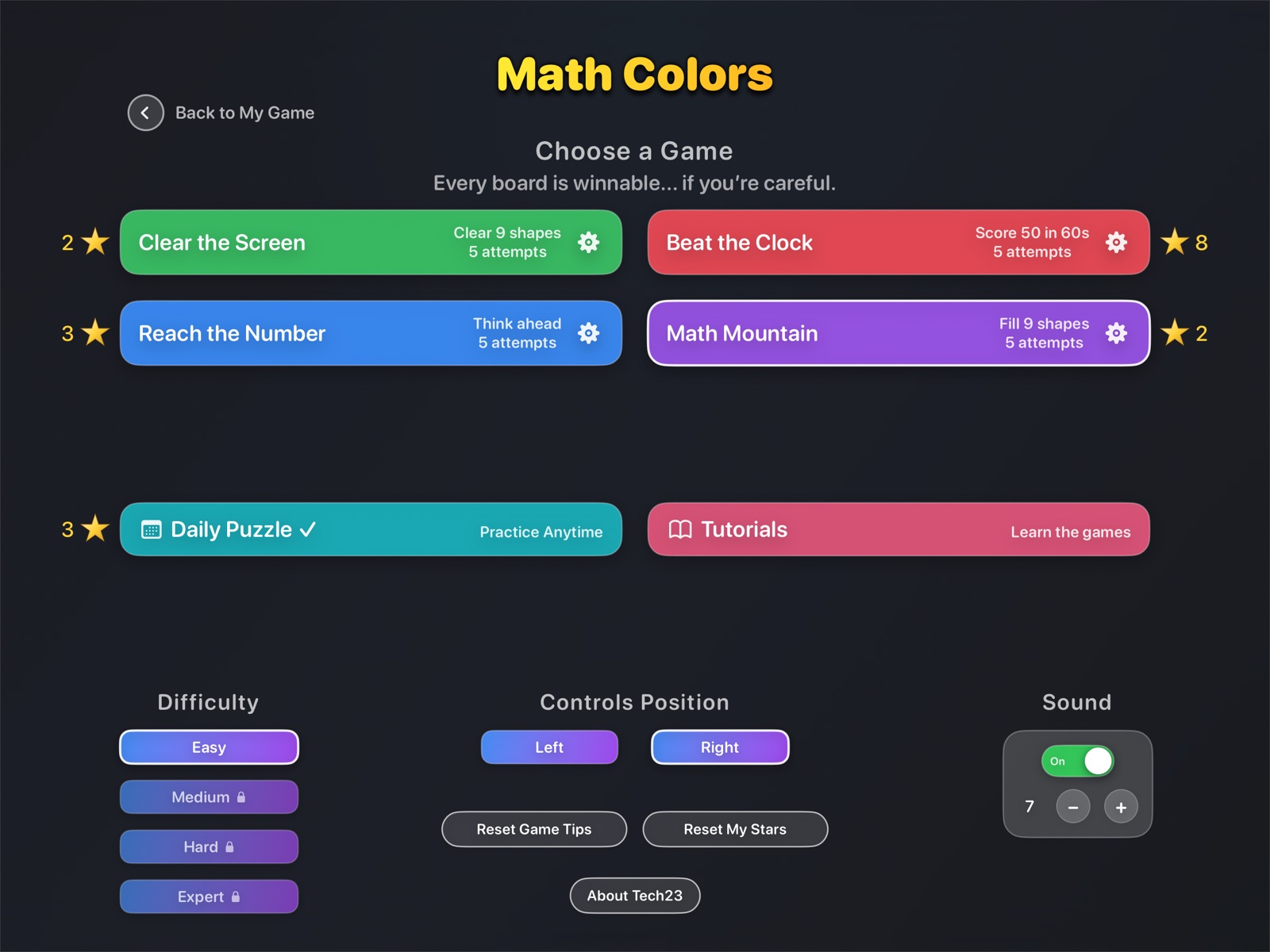 Math Colors home: four games, Daily Puzzle, Tutorials, and Easy through Expert.