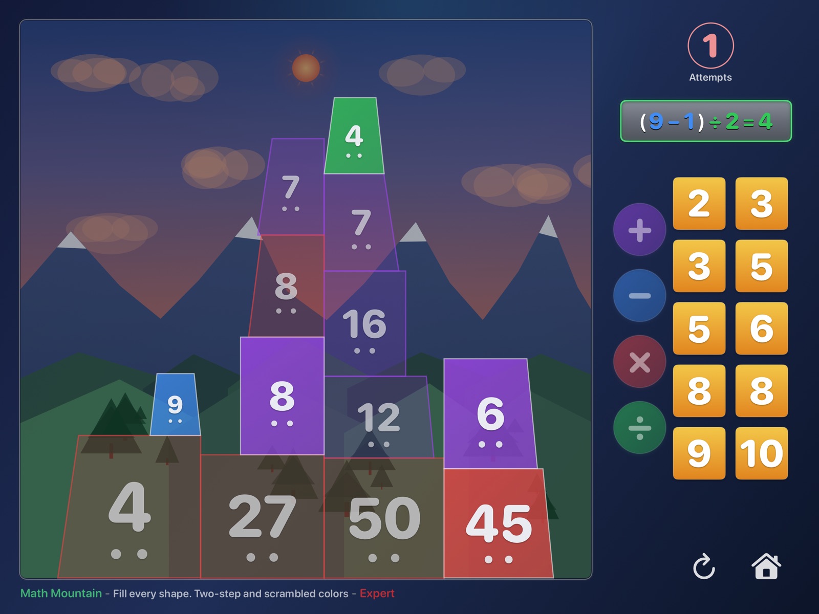 Math Mountain on Expert, with a denser board.